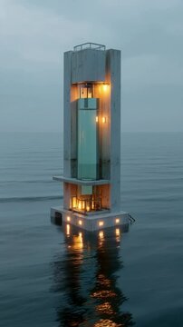 A futuristic Oscillating Water Column (OWC) wave energy generator stands in the ocean, its transparent vertical chambers capturing wave power. A clean energy innovation, sustainable marine technology