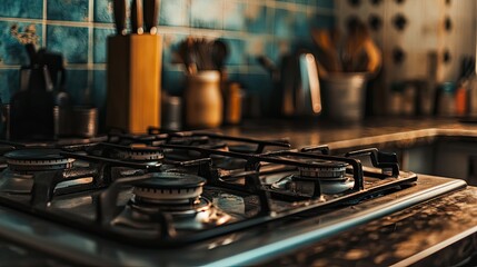 Obraz premium Focused frame of gas stove burner in use, with shallow depth of field blurring out background utensils and counters.