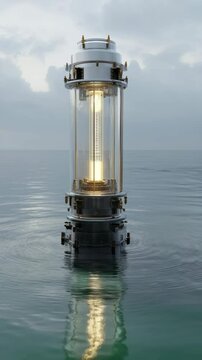 A futuristic Oscillating Water Column (OWC) wave energy generator stands in the ocean, its transparent vertical chambers capturing wave power. A clean energy innovation, sustainable marine technology
