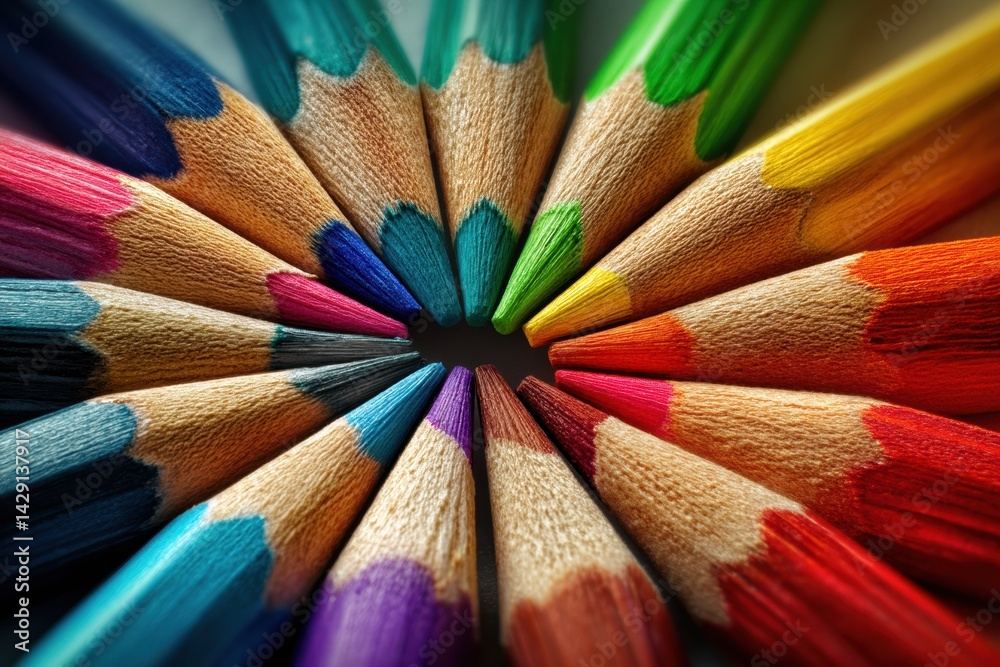 Poster Colorful Pencil Tips Arranged in a Radial Pattern Showcasing Artistry and Creativity in a Vibrant Display of Colors
