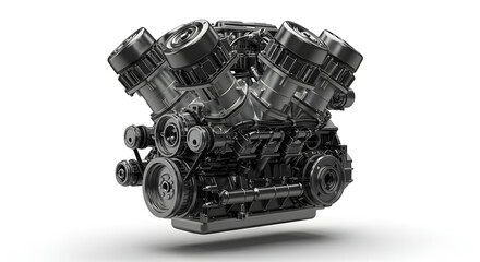 Detailed View of a V8 Engine on a White Background with Intricate Mechanical Components