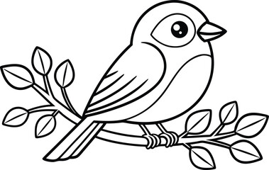 Simple Line Art Bird Sitting On Branch With Leaves On Transparent Background
