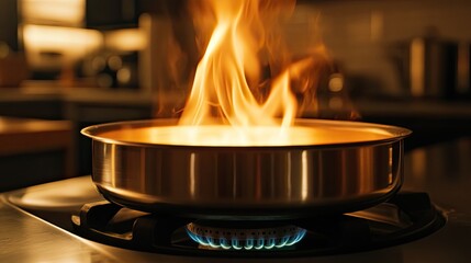 Macro shot of a gas stove flame burning steadily under a stainless steel pot. The warm kitchen lighting adds a sense of comfort and domestic routine.