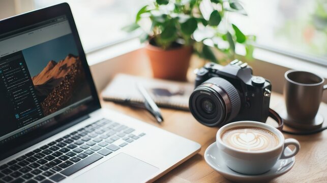 Blogging workspace with a camera, laptop, and coffee cup