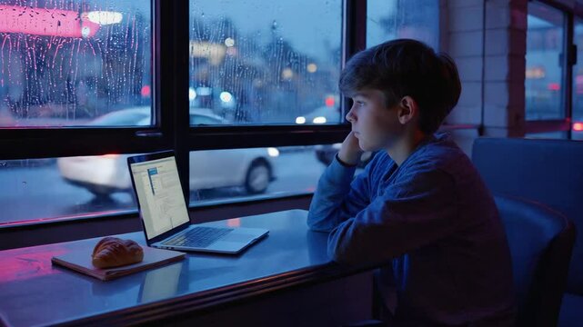 Boy alone at a neon-lit, urban caf&eacute; at night. Moody atmosphere, glowing screens, notebook sketches, 4k High-Quality background Animation Video