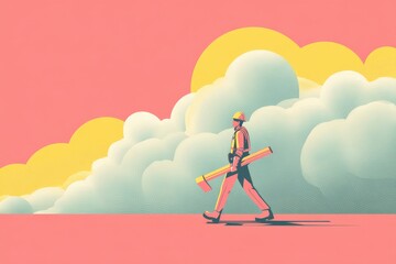 Worker Walking with Tool in Colorful Landscape with Clouds