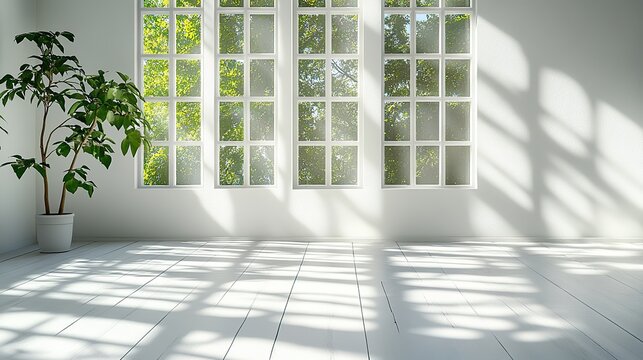 sunlight casts window shadows on a minimalist white wall and floor background backdrop banner image with window for online presentations and zoom meetings idea for copy space
