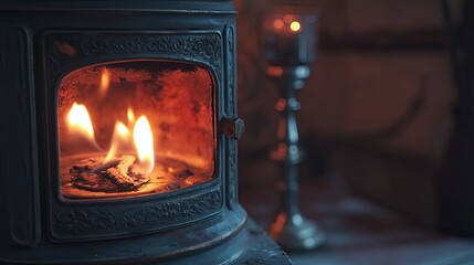 Unattended gas stove glowing with sharp flames, shot from a low angle to emphasize potential disaster.
