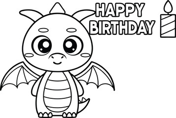 Outline Cartoon Dragon with Candle Saying Happy Birthday on Transparent Background