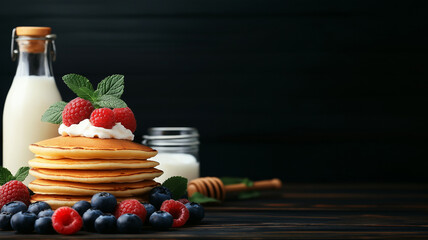 delicious stack of pancakes topped with fresh raspberries and blueberries, accompanied by bottle of milk and jar of honey, creating delightful breakfast scene