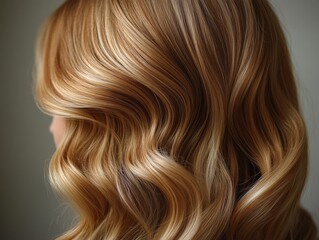 Naklejka premium Golden Waves: A Close-Up of Shiny, Flowing Blonde Hair with Subtle Highlights and Textured Curls, Showcasing Elegant Beauty and Hairstyling Details