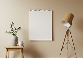 Vertical spiral-bound calendar with blank white sheet on beige wall with plant and tripod lamp