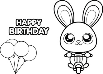 Happy Birthday, Kawaii Bunny on Scooter with Balloons, Outline, Isolated Design