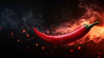 Canvas schilderij Hete pepers vibrant red chili pepper is captured mid air, surrounded by swirling smoke and flames against dark background, evoking sense of heat and intensity  © Premium