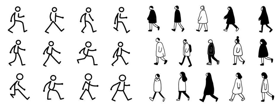 Vector illustration of diverse walking figures in various clothing styles representing different activities and movements