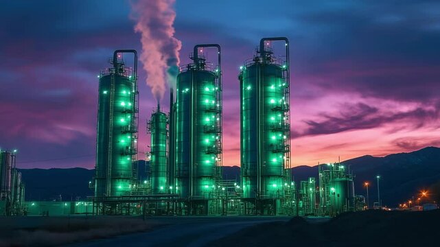 A row of glowing renewable propane distillation columns emits soft steam under a dramatic twilight sky. A cinematic view of eco-fuel innovation, industrial beauty against a colorful mountain backdrop