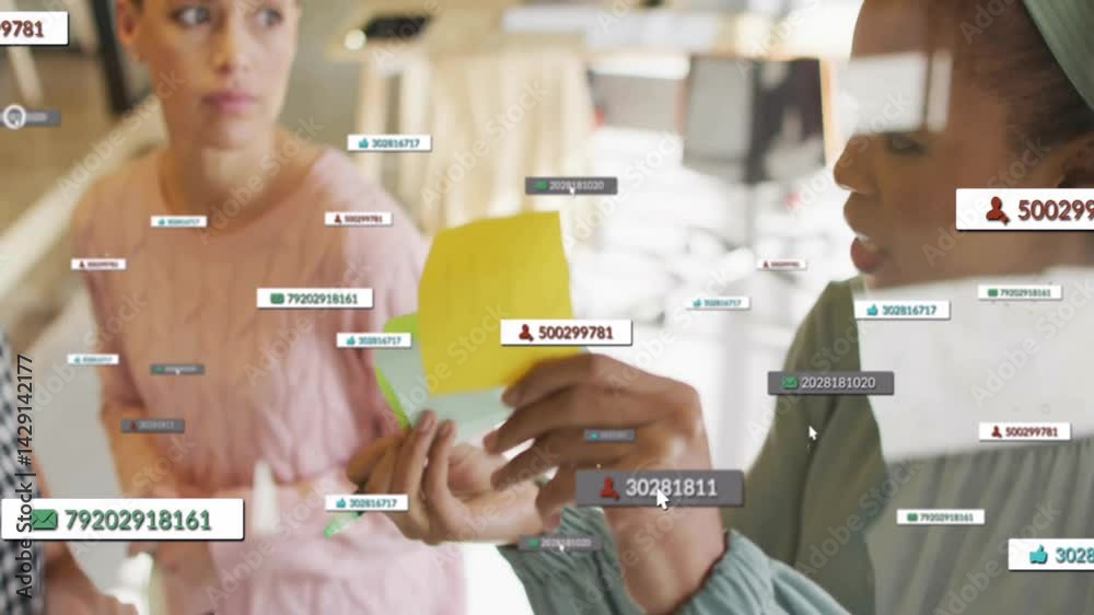 Poster three coworkers holding sticky notes and marker while analyzing user data with floating labels