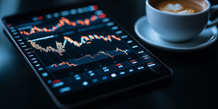 digital tablet displaying stock market graphs with cup of coffee beside it, showcasing financial data and trends. scene conveys sense of focus and analysis in modern workspace