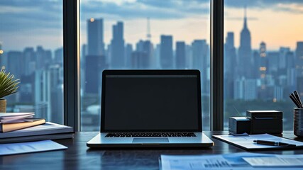 modern office building with laptop cityscape background cozy corner work from home, hire  4k video