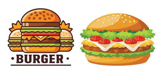 Set of burger with bacon and cheese, and Delicious cheeseburger served with golden fries and cold drinks at a casual dining setting