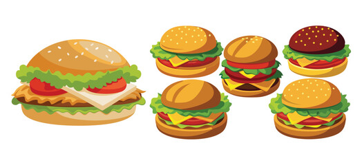 Set of burger with bacon and cheese, and Delicious cheeseburger served with golden fries and cold drinks at a casual dining setting