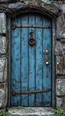 Naklejka premium A weathered blue wooden door is set in a stone wall.
