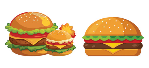 Set of burger with bacon and cheese, and Delicious cheeseburger served with golden fries and cold drinks at a casual dining setting