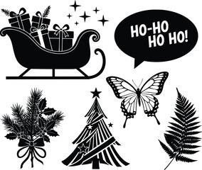 Christmas themed silhouettes featuring a gift filled sleigh, holiday tree, pine bouquet, butterfly, and seasonal foliage