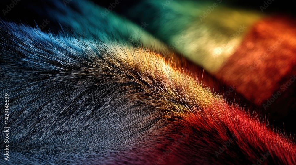 Poster close-up view of colorful furry fabric illuminated by vibrant rainbow lighting in a cozy setting