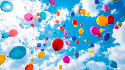 Colorful balloons soar against a vibrant blue sky.