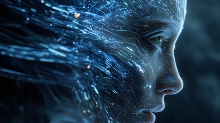 Fototapeta premium Digital Embrace: Intricate digital pathways intertwine with a serene face, revealing an ethereal, futuristic blend of human form and technological essence.