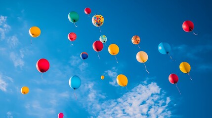 Colorful balloons float freely in a vibrant blue sky.
