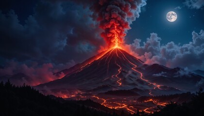 Fototapeta premium A powerful volcanic eruption at night, streams of hot lava flow down the mountain slopes
