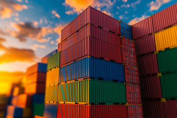 Fototapeta premium Colorful shipping containers stacked in port during sunset, showcasing vibrant hues of red, blue, green, and yellow. warm light creates dynamic atmosphere, emphasizing logistics industry