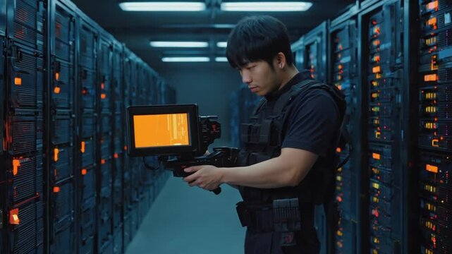 A security expert uses an infrared capable handheld camera to inspect server racks in a darkened data center room, thermal view overlays appear in-frame