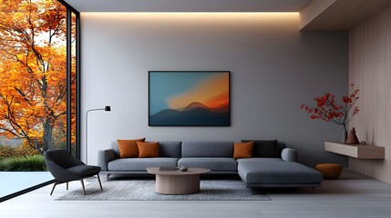 Cozy and modern Scandinavian inspired living room with autumn themed view