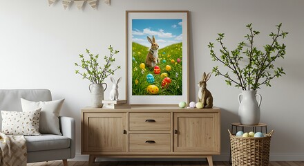 Adorable Easter Bunny amidst Colorful Eggs in Spring Meadow Wall Art Print