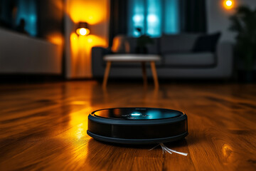 robot vacuum cleaner is actively cleaning wooden floor in cozy living room setting, illuminated by warm lighting. modern design and functionality of device enhance home environment