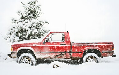 Snowy Winter Scene Red Truck Christmas Tree