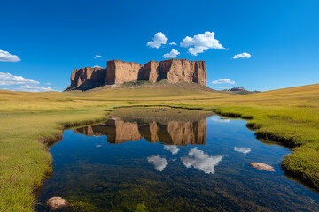 Fototapeta premium stunning landscape featuring Badlands, with clear blue sky and fluffy clouds reflecting in tranquil water body. vibrant green grass enhances natural beauty of this serene scene