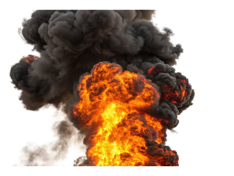 A dramatic explosion of fire and smoke, showcasing intense flames bursting through thick, dark clouds.