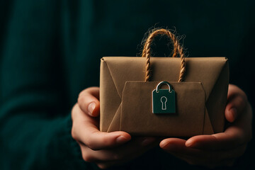 person holding securely wrapped package with lock, symbolizing safety and confidentiality. This conveys importance of protecting sensitive information and privacy