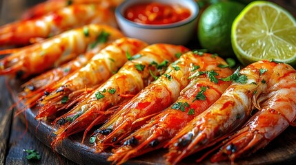 Delicious grilled shrimp with herbs, lime and sauce