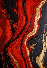 Abstract Red Black and Gold Liquid Marble Flow Texture - Luxury Modern Fluid Art Background for Interior Design and Branding