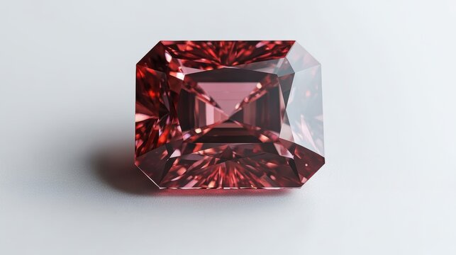 Close-up of a radiant-cut ruby gemstone with fiery sparkle, isolated on white background