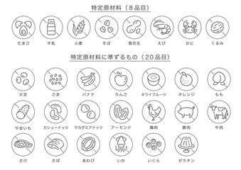 食品アレルゲン表示アイコンセット_28品目_グレースケール＋禁止マーク（日本語）