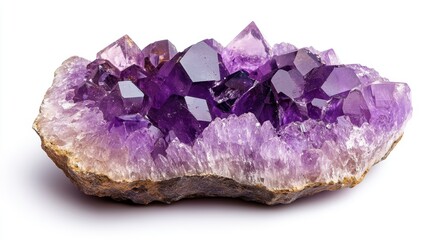 Macro shot of a flawless amethyst gemstone with perfect color and shine, isolated on white background