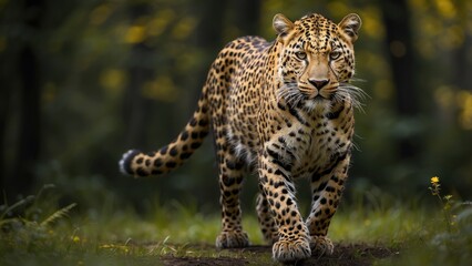 Naklejka premium Leopard Stalking in Dark Forest Wildlife Photography
