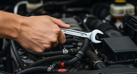 Close Up of a Hand Holding a Wrench Repairing Car Engine Under the Hood in Automotive Workshop