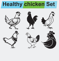 This vector set features a collection of chicken icons, including hen and rooster silhouettes perfect for farm or animal-themed designs
